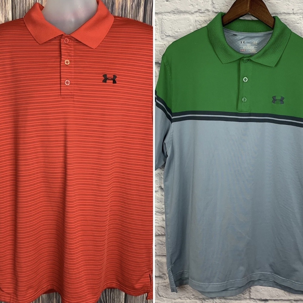 Lot Of 2 Under Armour Loose Gear Golf Polo Short Sleeve Red Green Colorblock‎ XL